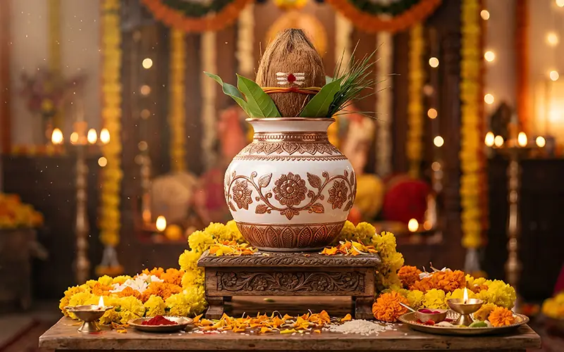 कलश, दीप और पूजा सामग्री की devotional illustration